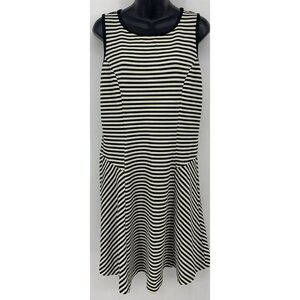ECI New York Dress Large Black Ivory Stripe Fit Flare Round Neck Sleeveless B71